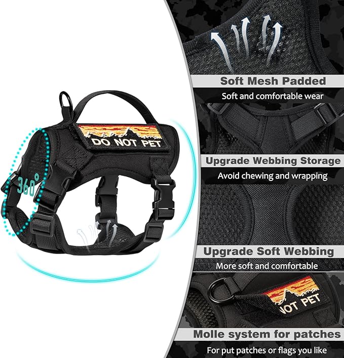 Tactical Cat Harness for Walking, Adjustable Escape Proof Pet Vest for Large Cat,Easy Control Breathable Cat Vest with Handle,Molle Patches (Black, L)