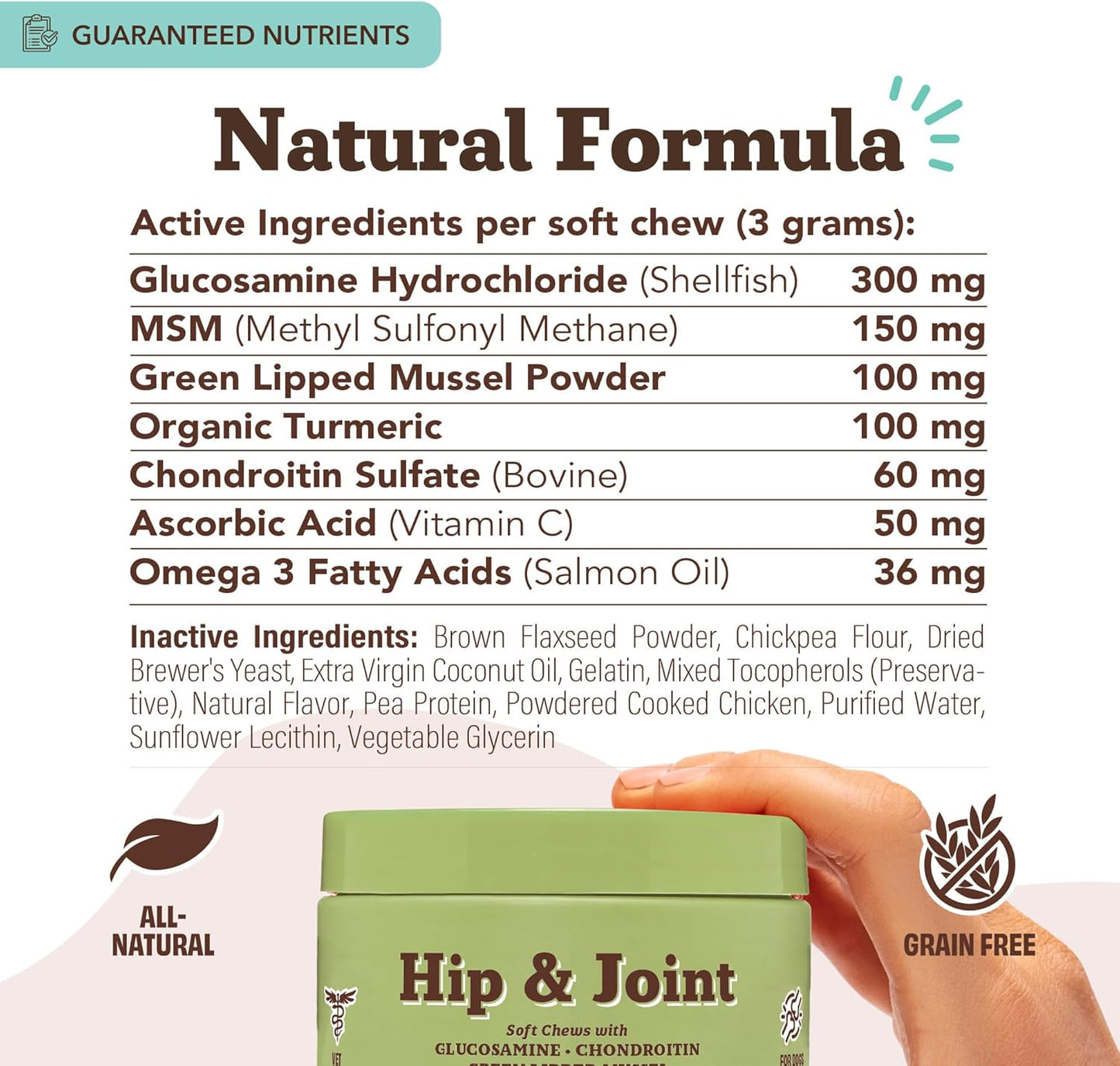 Natural Dog Company Hip & Joint Supplement for Dogs – Supports Mobility, Flexibility & Comfort, Glucosamine, Chondroitin, MSM & Turmeric, Chicken Flavor, 90 Count