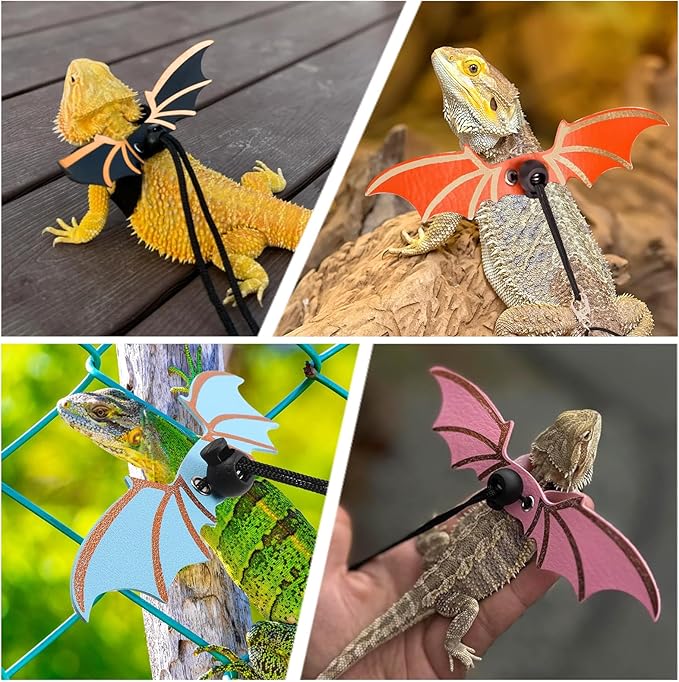 Lizard Harness and Leash-3 Size Pack Bearded Dragon Leather Dinosaur Wing Harness Reptile Leash Set for Safety Walking Costume Indoor Outdoor