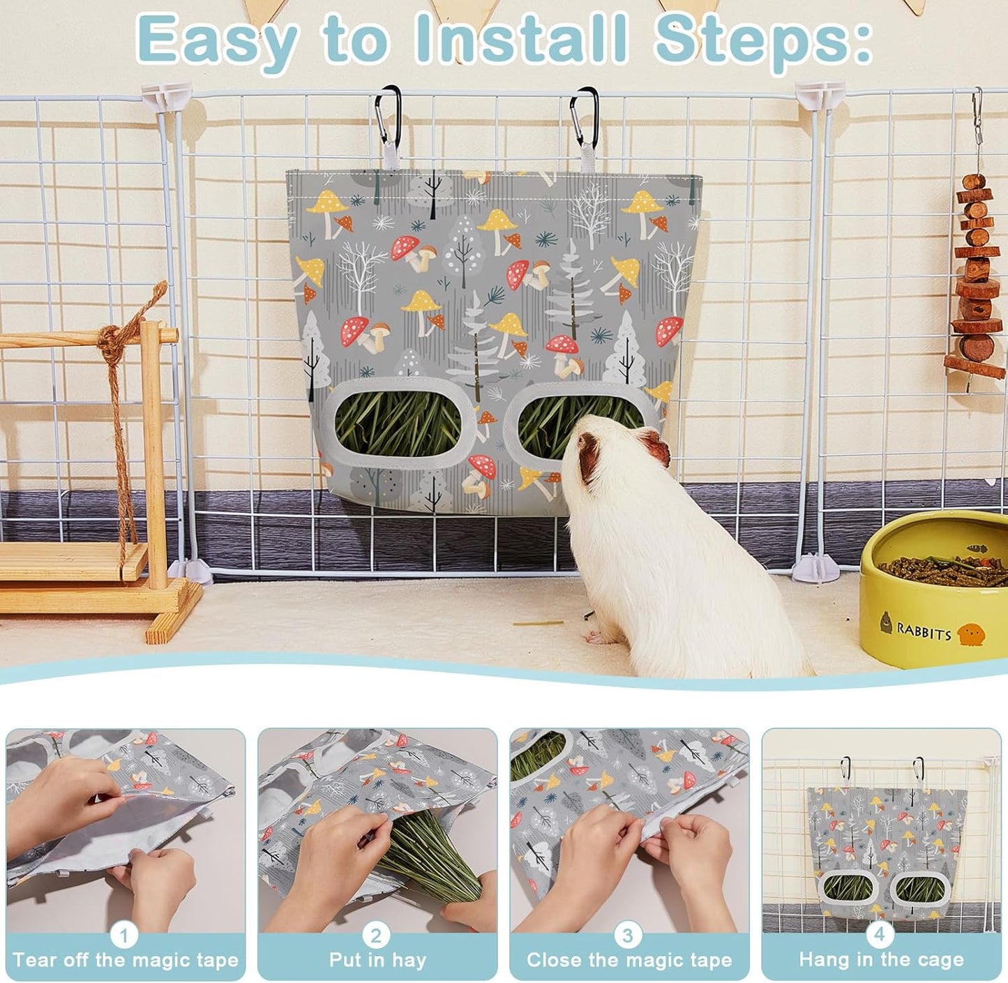 Glittme 2 Pack Guinea Pig Hay Feeder, 11.5x9 Inch Hay Bag for Rabbits, Hanging Hay Holder for Guinea Pigs Cage Hay Feeder for Bunny, Small Pets,Grey Mushroom