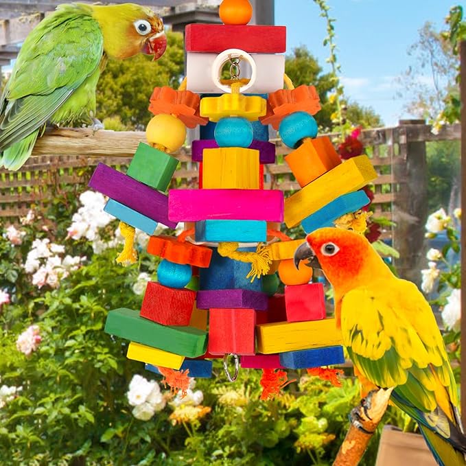 Kyouki Large Parrot Toy, Bird Toys for Cockatoos,Macaws, African Grey, Amazon Parrots,Conures, Lovebirds, Multicolored Natural Wooden Blocks Chewing Toys Bird Cage Accessories (Colorful)
