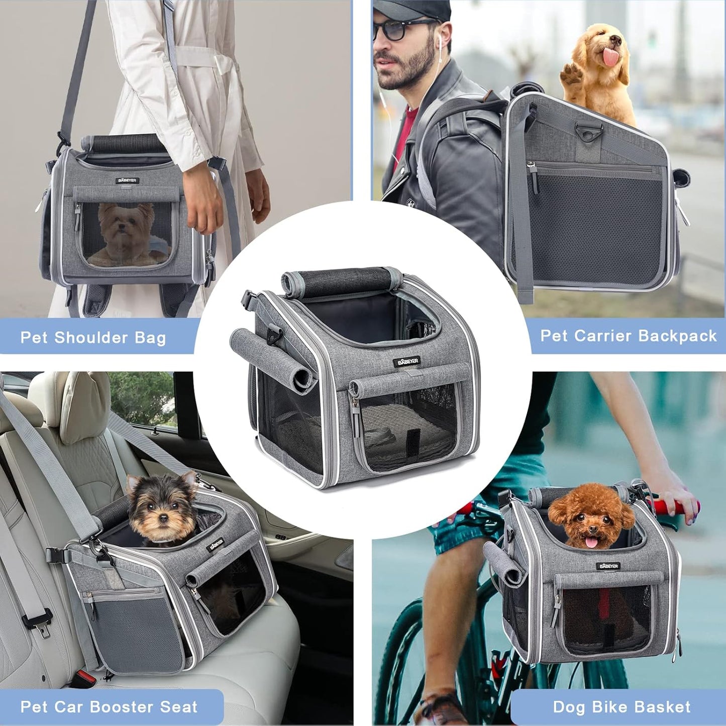 Dog Bike Basket, Expandable Soft-Sided Pet Carrier Backpack with 4 Open Doors, 4 Mesh Windows for Small Dog Cat Puppies-Grey