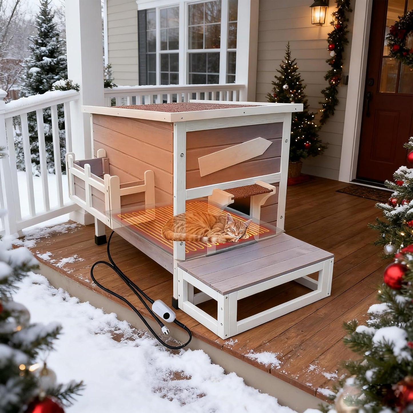 Rockever Heated Cat House for Outside Cats in Winter, Large Heated Cat Houses with Heating Pad, Wooden Outside Cat Shelter Weatherproof with Escape Door