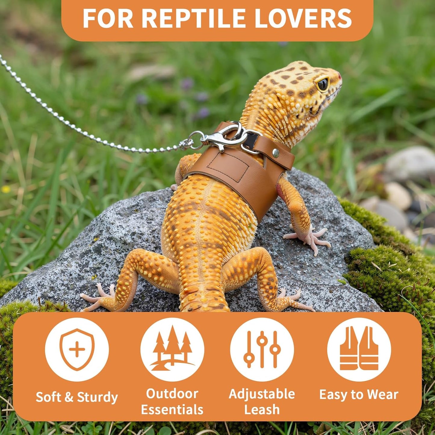 3 Pack Bearded Dragon Leash and Harness Set for Small Animals, 6.5FT Leash with 3 Sizes Adjustable Harness for Lizard Walking Adventure, Soft Vest Clothes for Squirrel Reptile Lovers -Brown