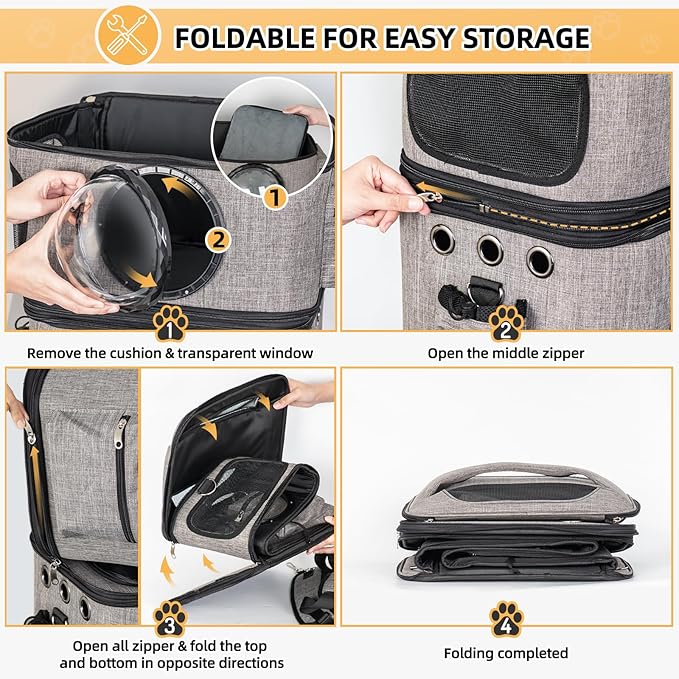 Detachable Double Cat Backpack Carrier for 2 Cats | Transparent & Foldable Dog Carrier Backpack for Cats and Small Dogs Up to 32 Lbs | Large Space & Breathable Cat Travel Carrier for Traveling, Grey