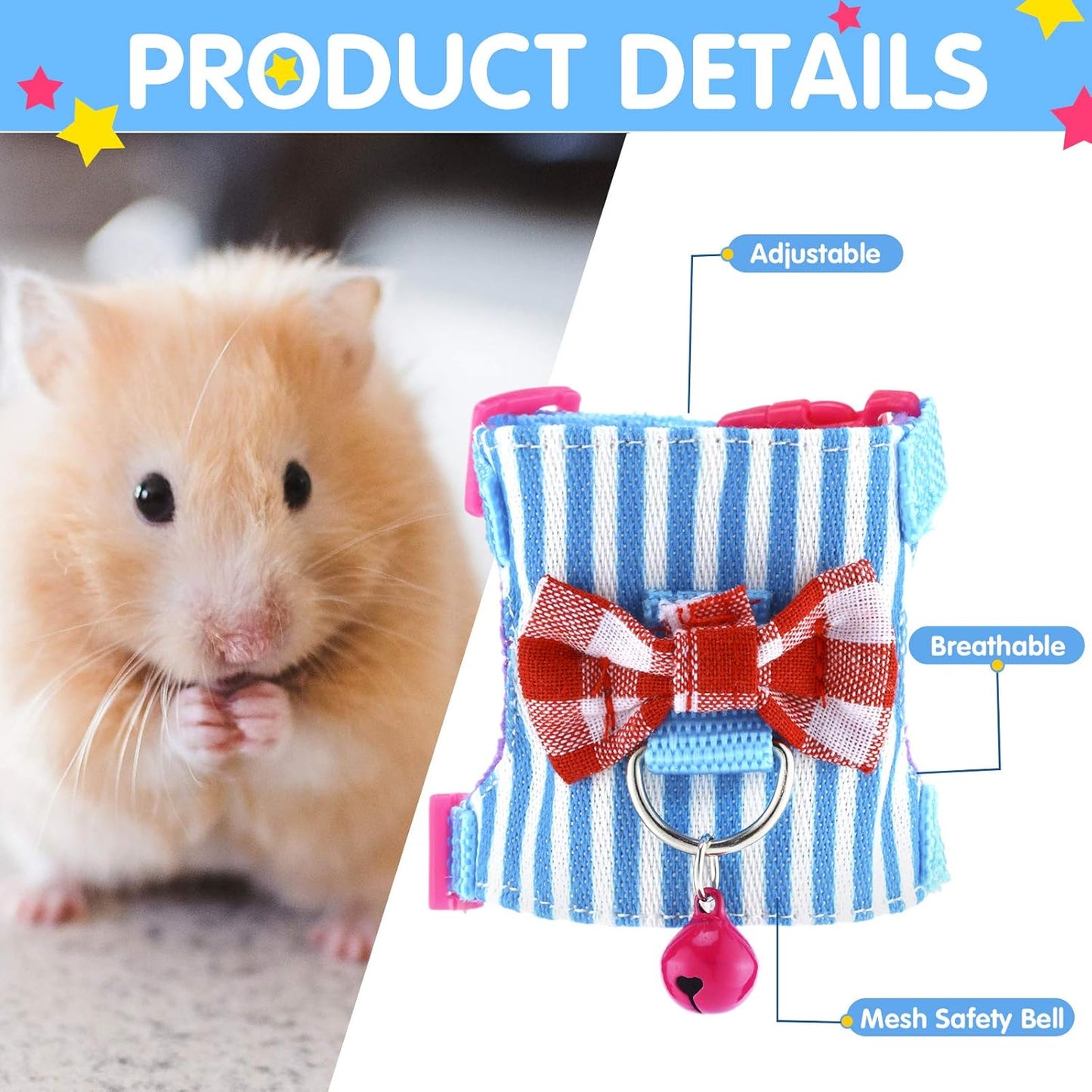 2 Pieces Hamster Harness and Leash Set for Walking, Small Guinea Pig Clothes with Bowknot Bell, No Pulling Comfort Padded Vest Striped for Guinea Pig Hamster Ferret, Small Animals (Blue, Black,S)