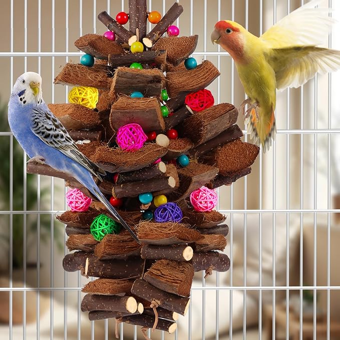 Kyouki Bird Toy for Parrots,Cockatiels, Budgies, Conures, Macaws, Lovebirds, Amazons and Other Small/Medium/Large Birds - Chewable & Shreddable Natural Coconut Husk Enrichment Toy (Large)