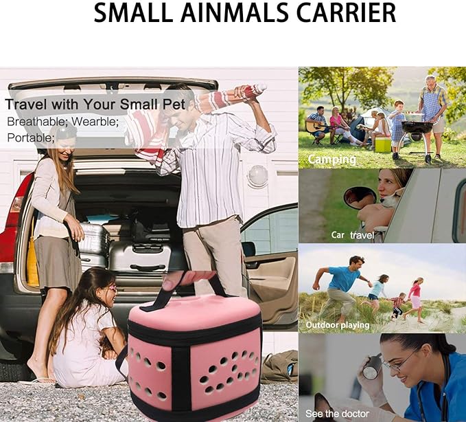 KAMEIOU Portable Small Animal Guinea Pig Carrier Cage with Mat Zipper Breathable Hole Window Hamsters Hedgehogs Guinea Pigs Small Pet Travel Carrier Cage Case Handbag for Animals Carrier(Pink)