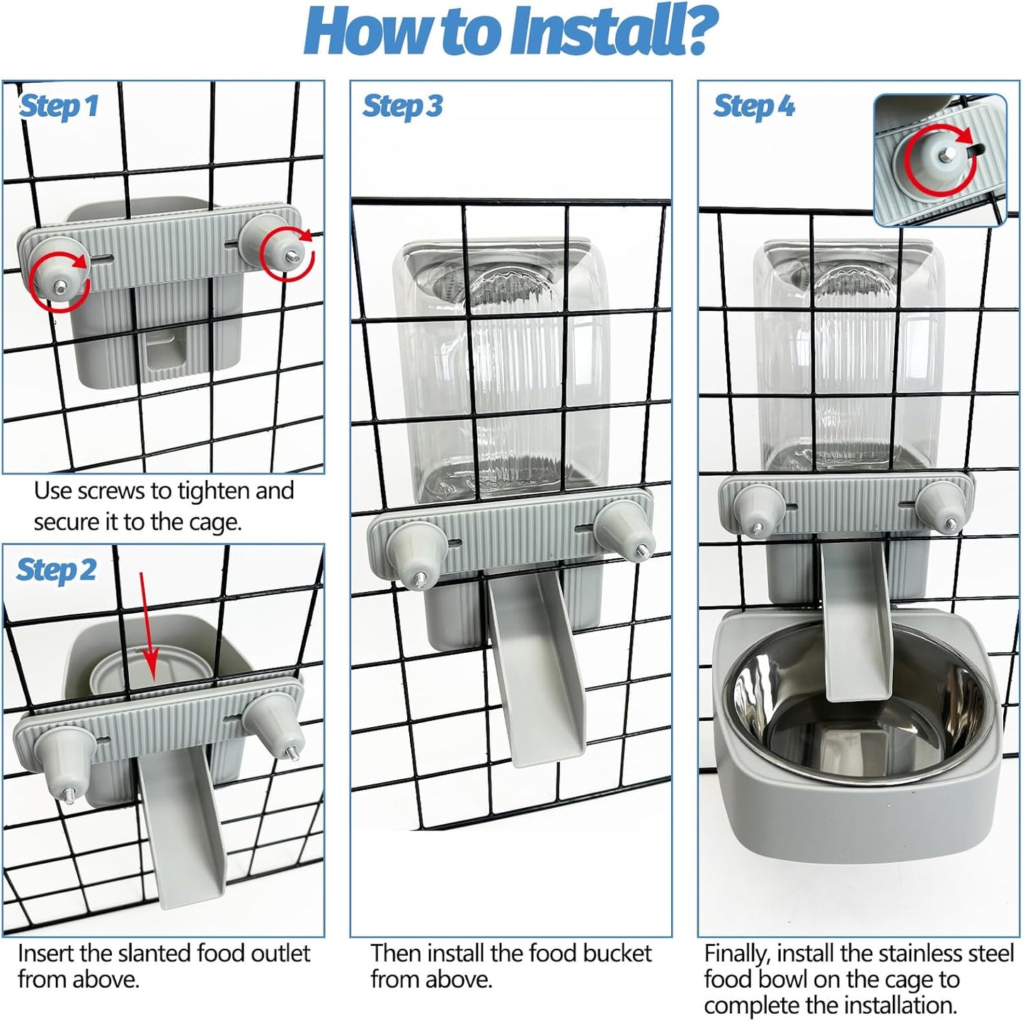 54 oz Rabbit Food Dispenser with Stainless Steel Food Bowl Hanging Gravity Bunny Feeder for Cage Automatic Small Animal Feeding Bowls for Ferret Guinea Pig Chinchilla Cat Puppy