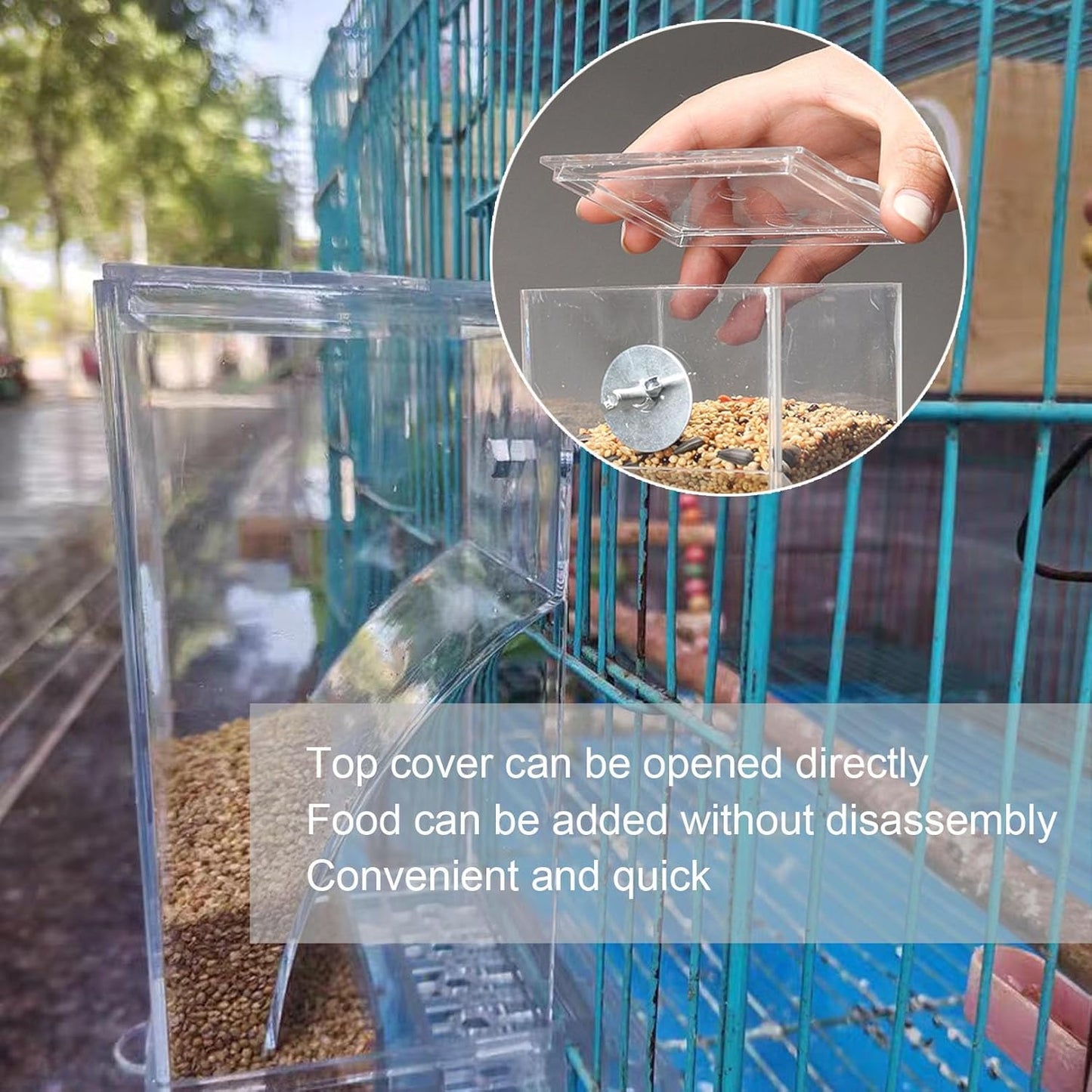Automatic No Mess Bird Cage Feeder, 2Pack Acrylic Transparent Parrot Seed Feeders with Perch Parakeet Food Container Cage Accessories for Small and Medium Lovebirds Canary Cockatoo Cockatiel Finch
