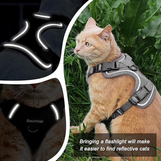 Cat Harness and Leash Set for Walking Escape Proof, Adjustable Soft Kittens Vest with Reflective Strip for Cats, Comfortable Outdoor Vest, Cat Car Leash, Grey, S