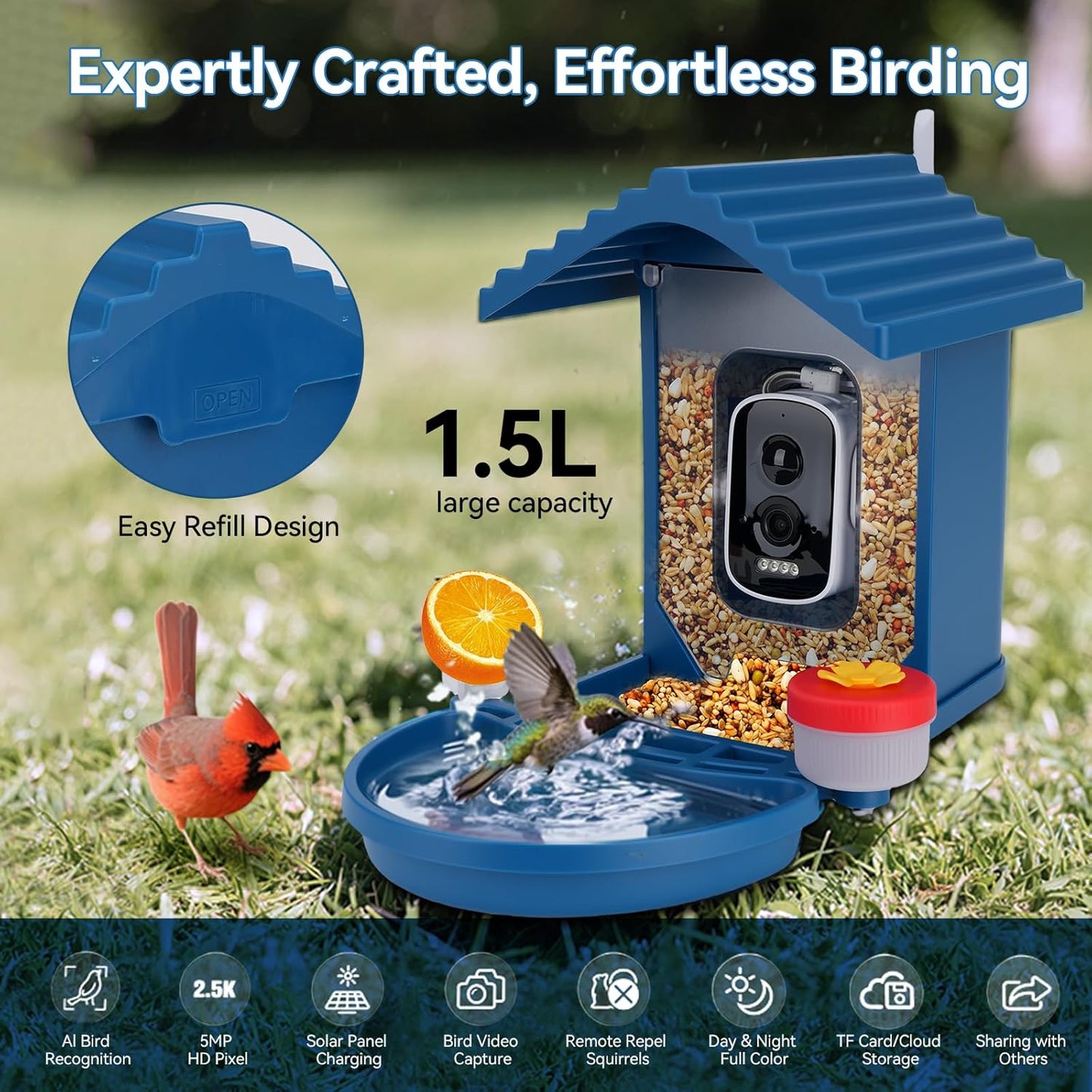 Bird Feeder with Camera Solar Powered,2.5K HD Video Bird House Live View,Smart AI Bird Species Identification for Outside Garden,Birds Bath,Ideal Gift for Birds Lover,Hummingbird (Blue)