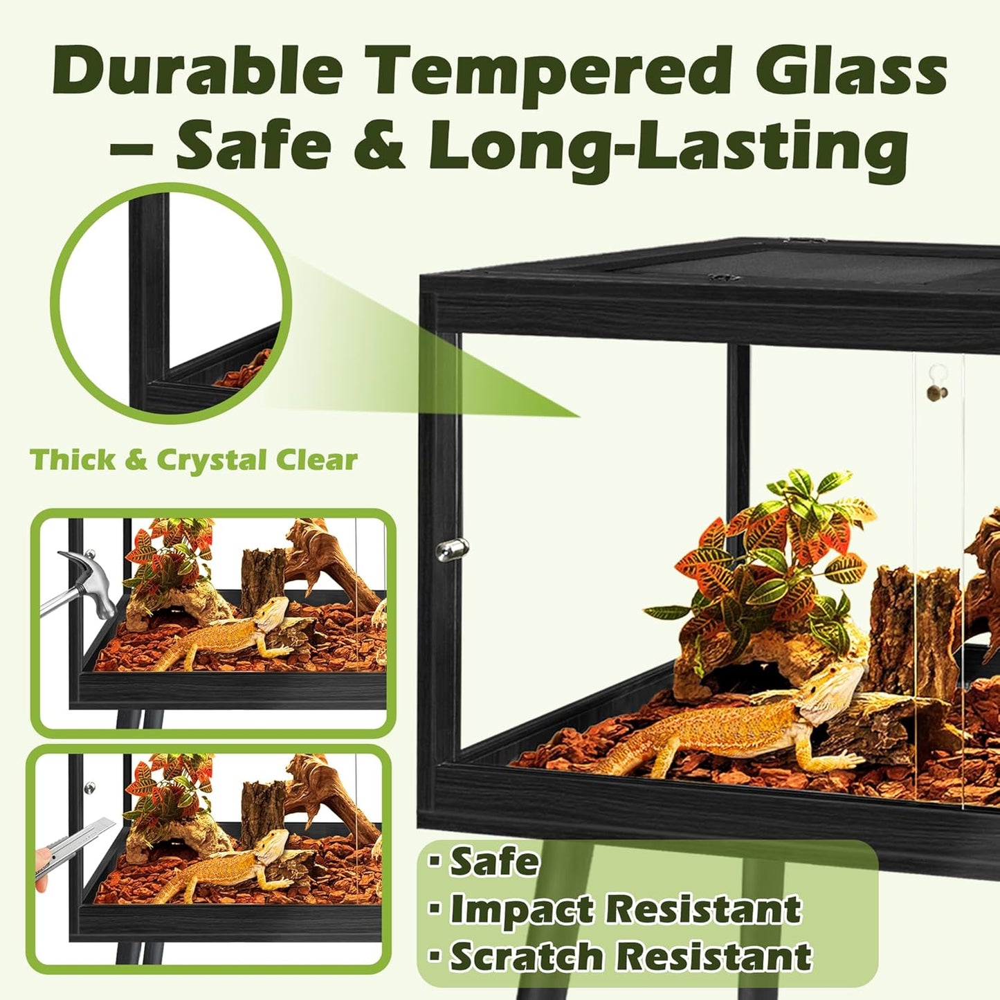 PROLEE Bearded Dragon Tank with Leg,Tempered Glass Lizard Tanks and Reptile Enclosure,Up to 78 Gallon Reptile Tank with Metal Mesh and Lockable Door for Snakes,Chameleon (Black, 78Gallons,48inch)