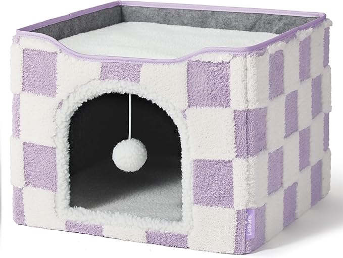 Lesure Indoor Cat Beds Kitten House - Large Cat Cave for Pet Cube with Fluffy Ball Hanging, Foldable Small Animal Hideaway, 16.5x16.5x13 inches, Lavender Checks