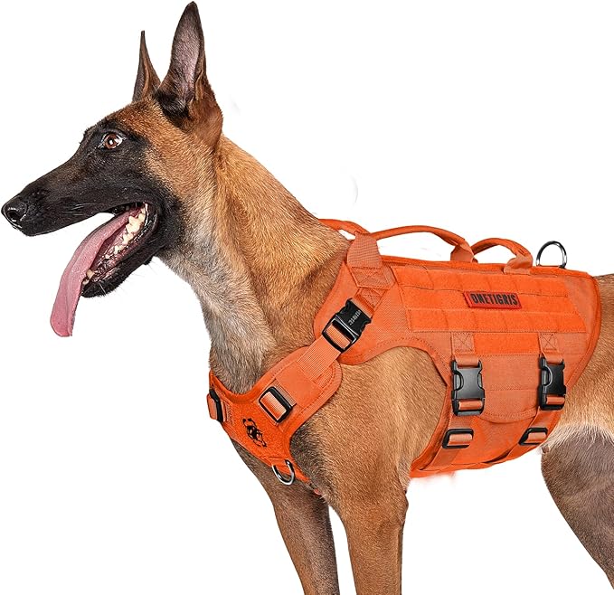 OneTigris Large Tactical Dog Harness, No Pulling Adjustable Dog Vest Harness, Heavy Duty Dog Harness with Handle, Large Hook and Loop Panels for Patch(Orange,L)