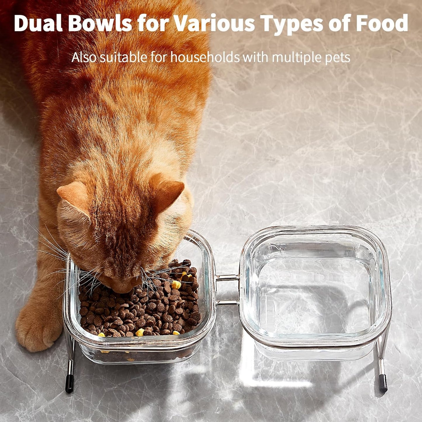 Elevated Cat Bowls, 15° Tilted Glass Raised Cat Food Bowl with Stainless Steel Stand, 2 Large Capacity Glass Cat Bowls and 4 Anti Slip Feet, Suitable for Cats and Little Dogs