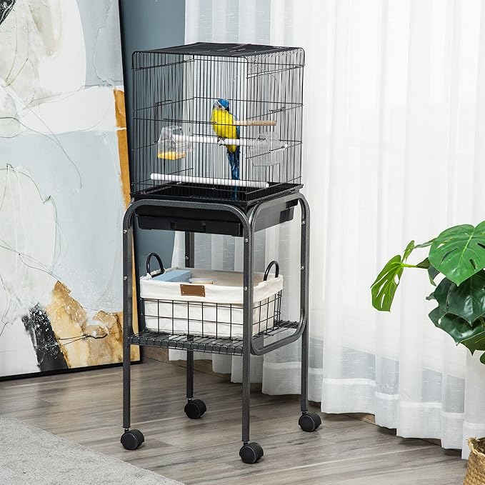 Pawhut 45-inch Metal Indoor Bird Cage, Parrot Cage, Bird Aviary with Detachable Rolling Stand, Storage Basket, and Accessories - Black