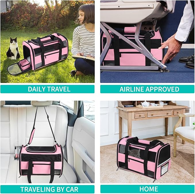 Cat Carrier Pet Carrier Airline Approved for Small Dogs Medium Cats Puppies 15 Lbs Dog Carrier with Reflective Strip, Collapsible Soft Sided Cat Travel Carriers - Pink