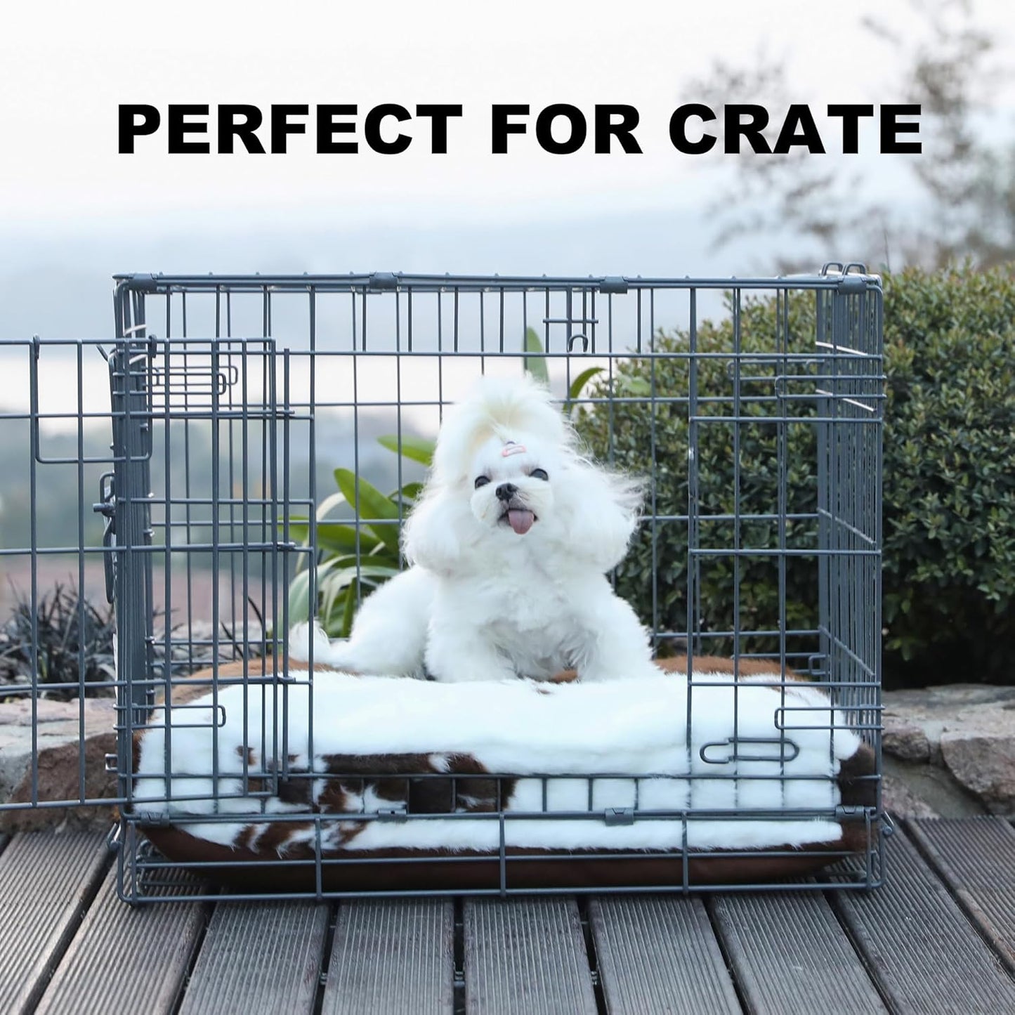 Bedfolks Waterproof Crate Bed, Plush Dog Kennel Pad with Removable Washable Cover, Faux Fur for Small Dogs & Cats, 21"x13", Cow Print