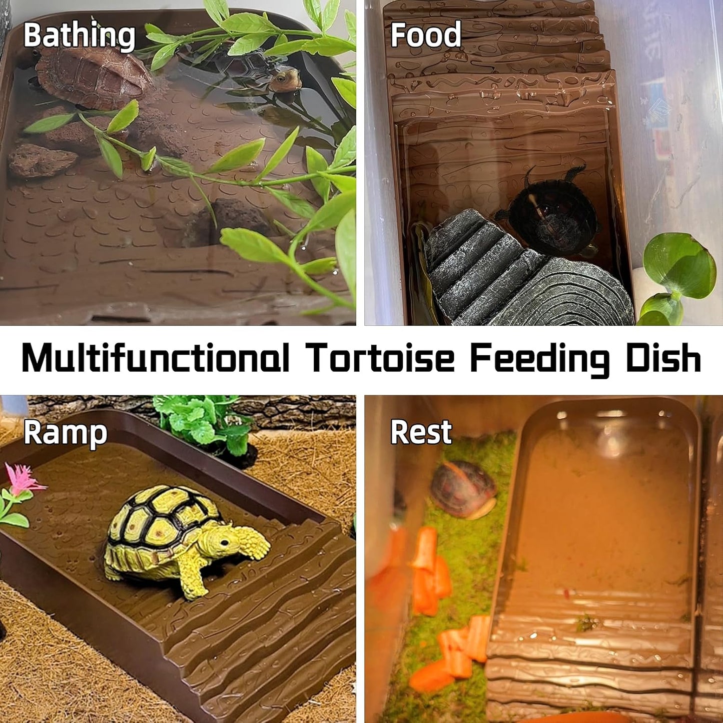 3 PCS Reptile Water Dish with Climbing Ramp, Leaf Reptile Water Bowl, Amphibians Habitat Brown Tortoise Water Dish for Turtle, Gecko, Snake, Bearded Dragon, Lizard