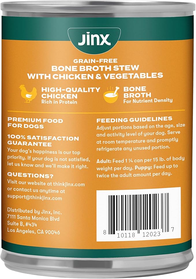 Jinx Bone Broth Stew for Dogs - Chicken & Vegetables Recipe - Grain-Free Wet Dog Food & Topper for Picky Eaters - Promotes Lean Muscle Growth, A Healthy Coat & Improved Digestion - 13 Oz, 12 Pack