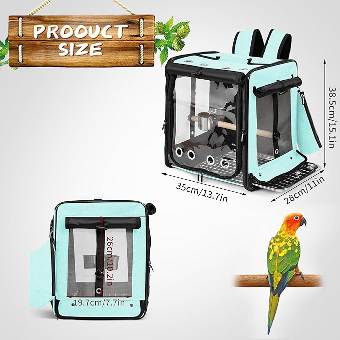 Suertree Bird Carrier with Seat Belt for Car Travel, Bird Backpack Carrier with Indestructible Stainless Steel Mesh, Large Bird Carrier Travel Cage, Green