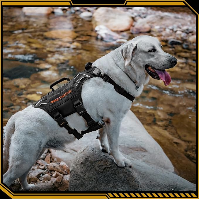 OneTigris Tactical Dog Harness for Large Dogs, Adjustable Tactical Dog Harness with Handles, Reflective Vest Heavy Duty & Breathable Military Assistance Vest with No Pull Buckle, Black