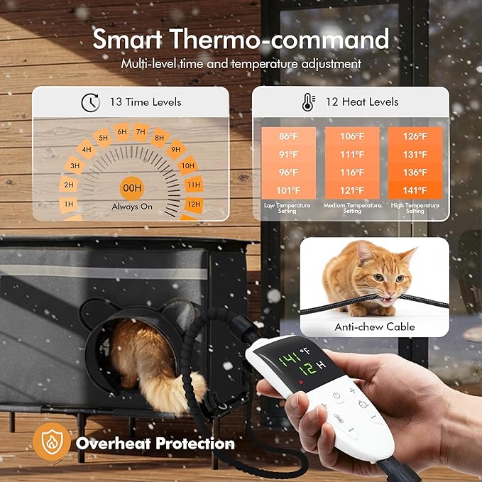 Heated Outdoor cat House for Outside, Weatherproof Insulated Feral Cat Shelter with Timer-Temp Control Heating Pad in Winter, Large Elevated Outdoor Cat House with Zipper, 2 Doors, Safety-Dark Gray