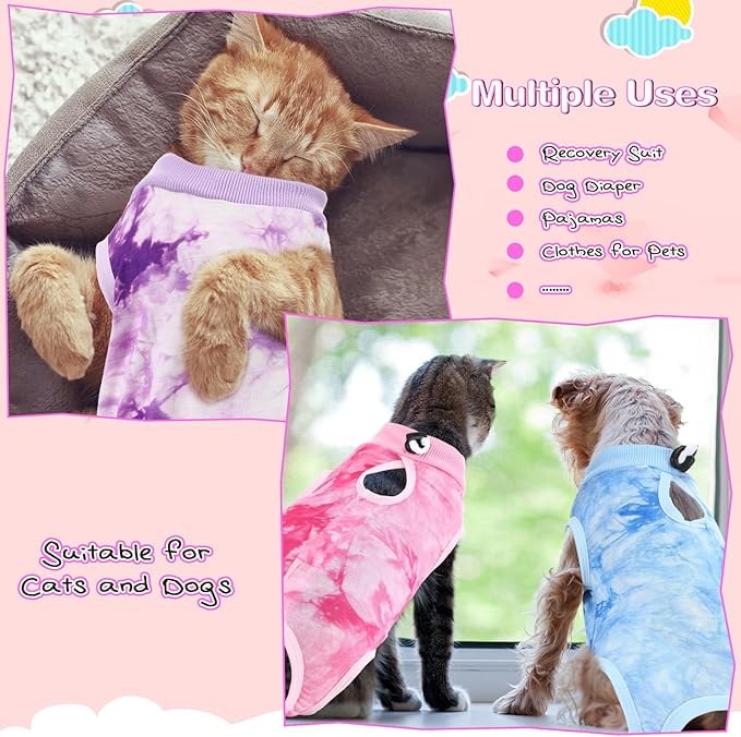 Nuanchu 3 Pieces Cat Recovery Suit Kitten Recovery Suit E-Collar Alternative for Cats and Dogs Abdominal Skin Anti Licking Pajama Clothes Sets(Small,Smudge Style,Purple Pink Blue)