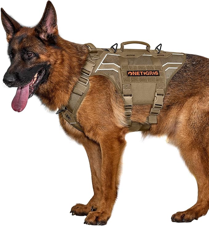 OneTigris Tactical Dog Harness for Large Dogs, Adjustable Tactical Dog Harness with Handles, Reflective Vest Heavy Duty & Breathable Military Assistance Vest with No Pull Buckle, Brown