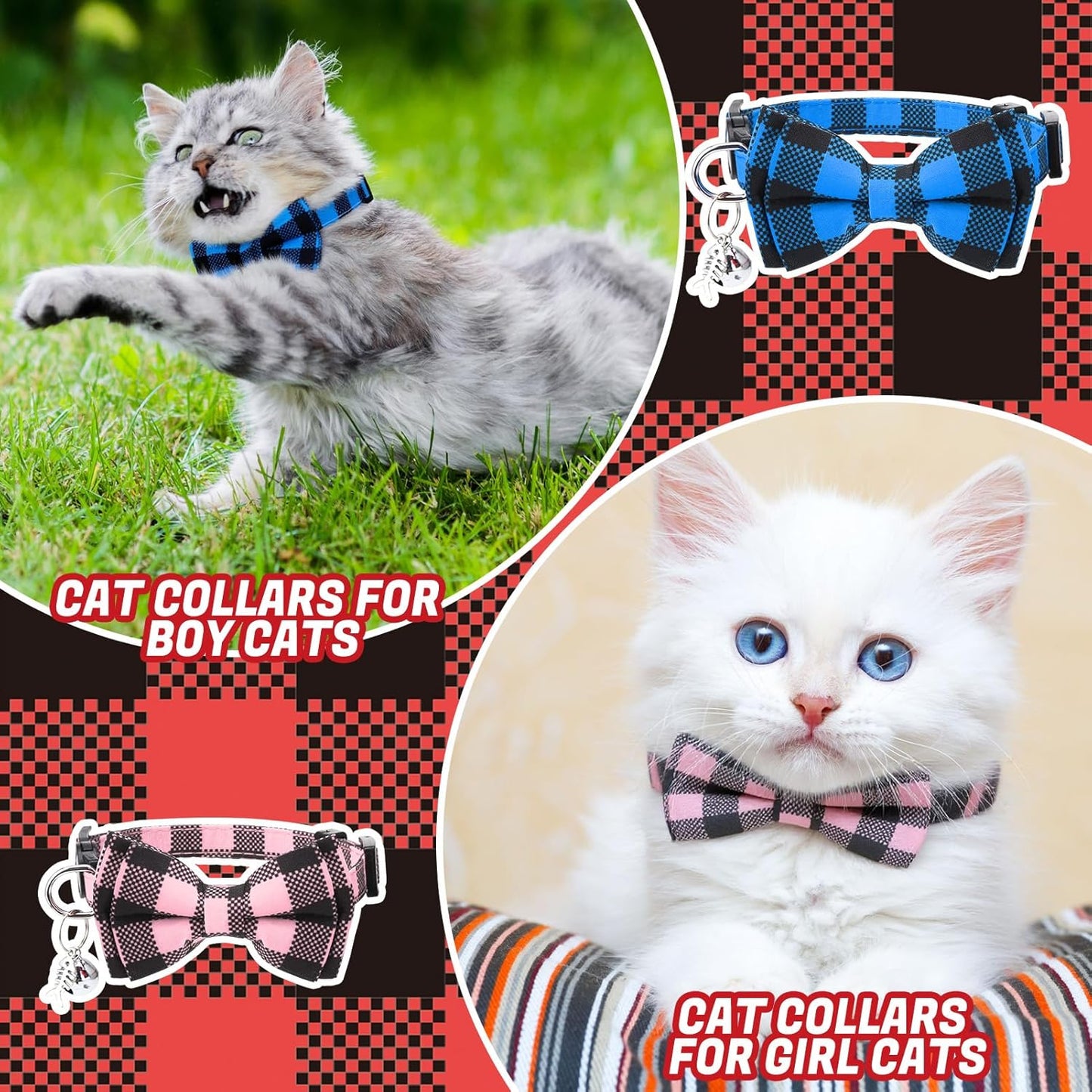 6 Pack Breakaway Cat Collars with Bow Tie and Bell Classic Plaid Kitten Cat Collars Adjustable Cat Bowtie Collar with Pendants for Girl Boy Kitten Cats