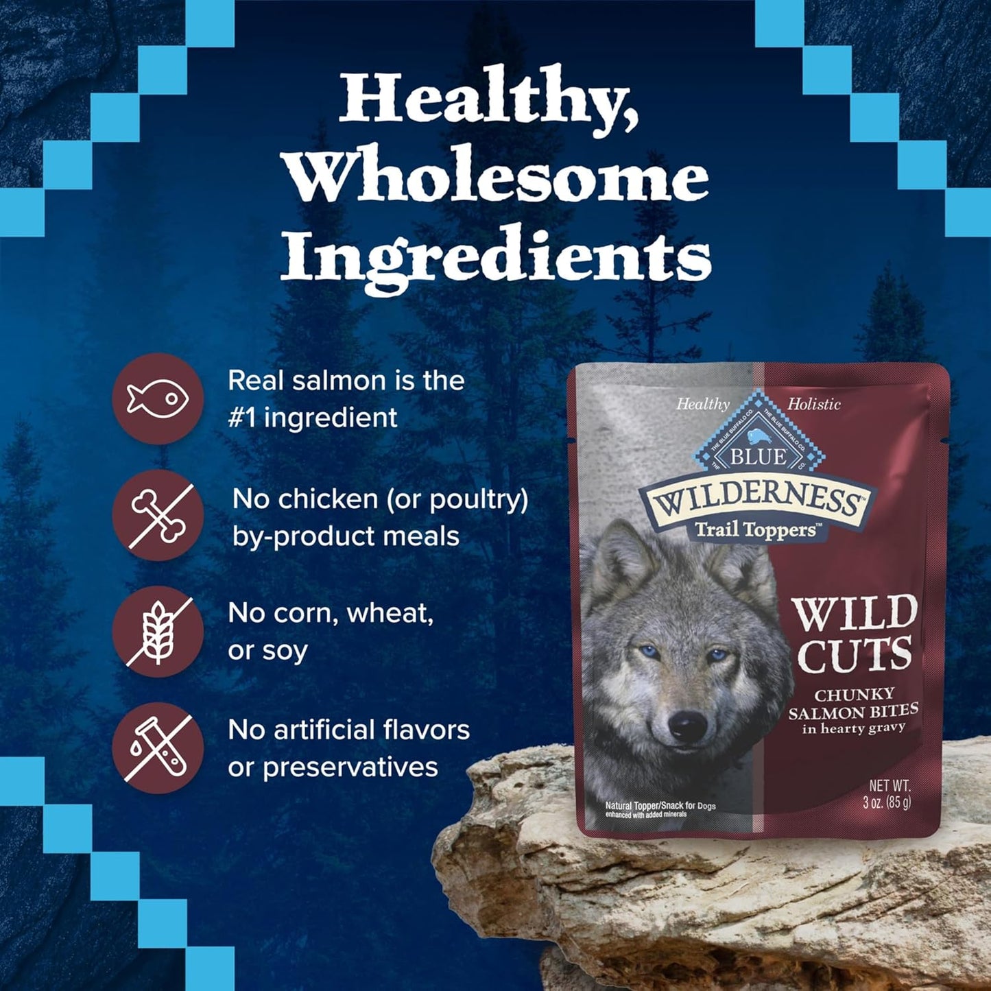 Blue Buffalo Wilderness Trail Toppers Wild Cuts Natural High-Protein Dog Wet Food, Salmon Bites in Hearty Gravy, 3-oz Pouch, 24 Count