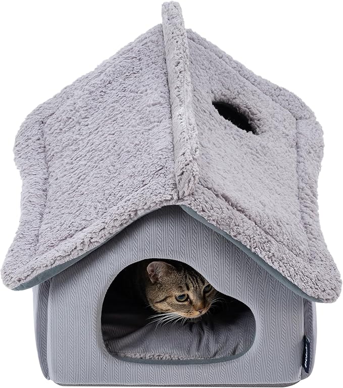 Cat Houses for Indoor Cats - Large Cat Cave Bed with Removable Support Foam and Washable 2-Side Mat - Covered Cat Bed for Cat Hideaway - Enclosed Cat Hideout for Kitten and Small Pet, Grey