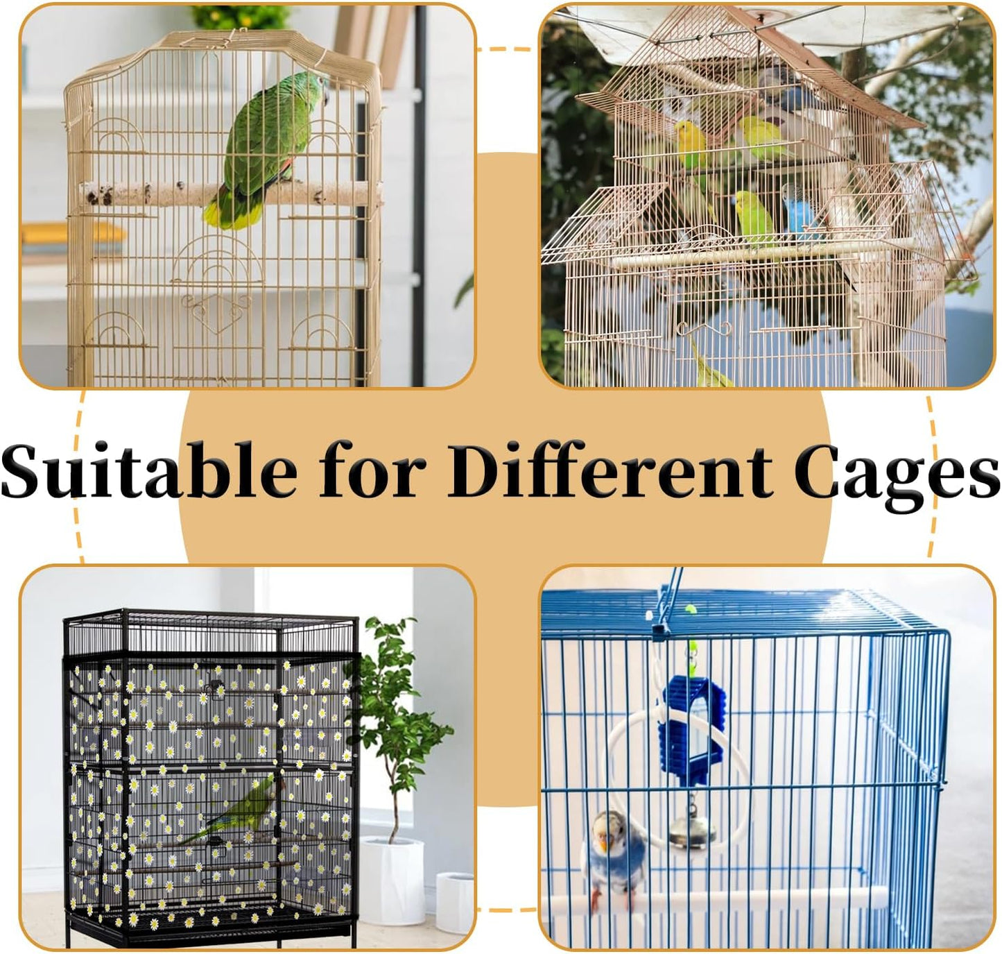 Daoeny Bird Cage Seed Catcher, Large Bird Cage Cover, Adjustable Soft Airy Nylon Mesh Net, Birdcage Cover Skirt Seed Guard for Parrot Parakeet Macaw African Round Square Cages (Black, Daisy Design)