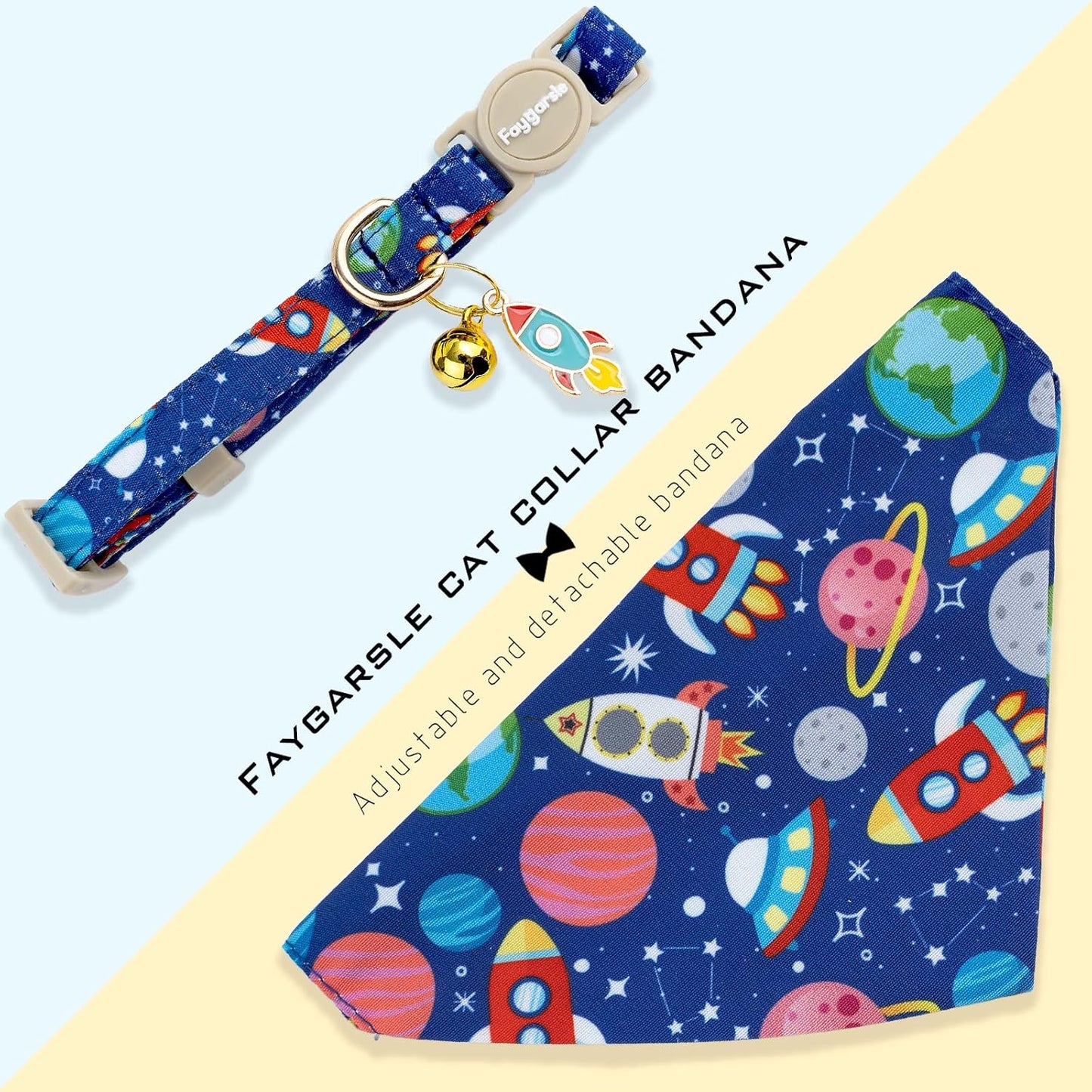 Faygarsle 2 Pack Space Theme Cat Collar Set with Bandana and Bow Tie, Breakaway Safety Buckle, Navy Blue with Rockets