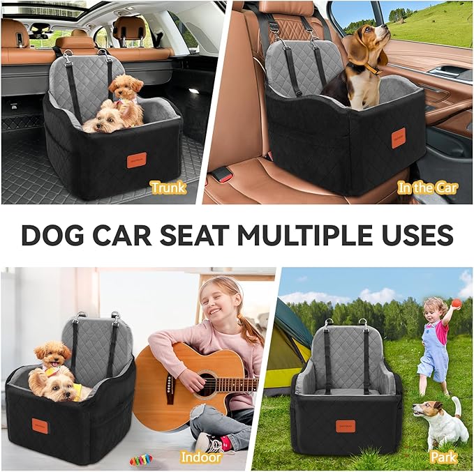 Dog Car Seat for Small & Medium Dogs, Detachable & Washable Booster Seat for Pets Up to 35lbs, Pet Travel Bed with Storage Pockets and Safety Belt (Black/Grey, Medium)