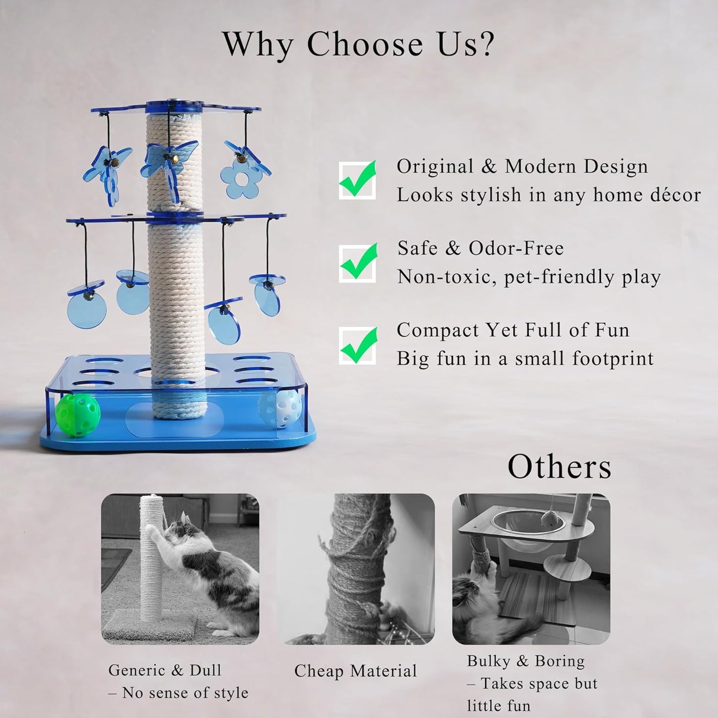 Modern 3-in-1 Interactive Cat Toy with Scratching Post, Cat Puzzle Toys for Indoor Cats with Colorful Jingle Balls, 2-Layer Spinning Teaser Disc with Dangling Toys, Acrylic, Blue