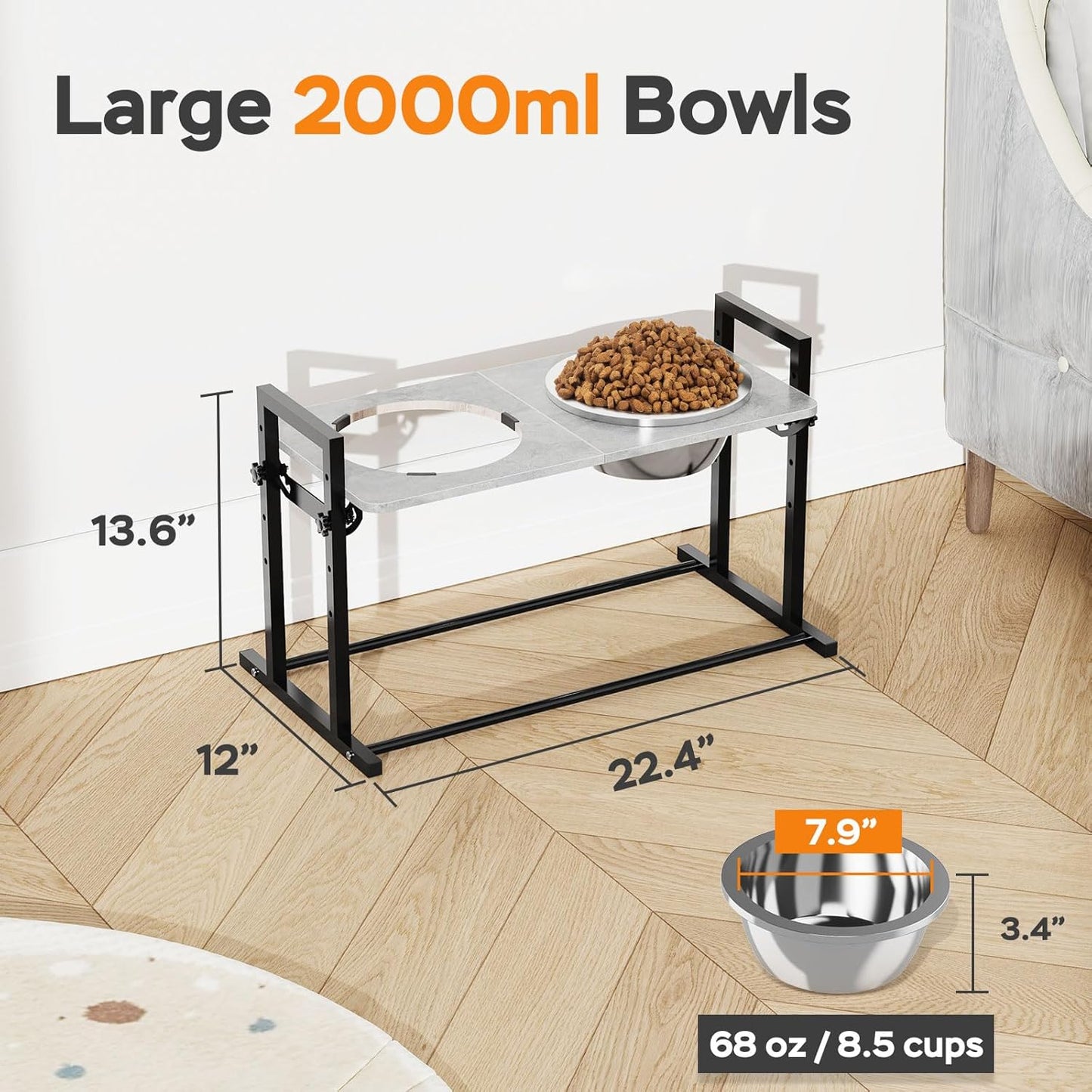 Elevated Dog Bowls for Large Dogs, 4 Height Adjustable Tilted Raised Dog Bowl Stand with 2 Stainless Steel 2L Bowls, 13.6" Tall Dog Feeder for Medium and Large Breed
