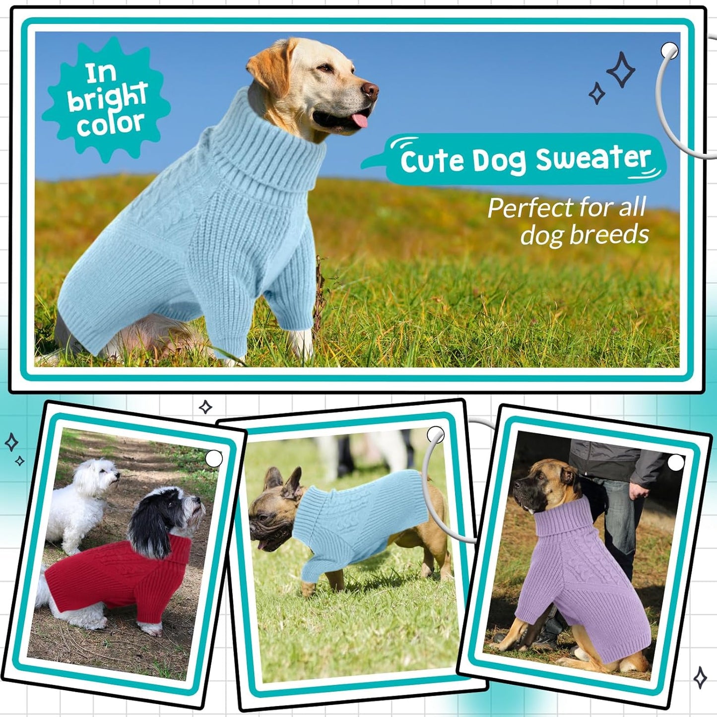Queenmore Dog Sweater - Warm Winter Fall Turtleneck Knit for Small, Medium, Large Puppies - Long Sleeves Christmas Sweater for Girls Boys - Blue, XL
