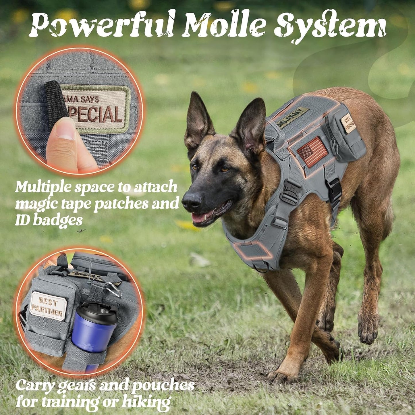 rabbitgoo Tactical Dog Harness Medium Sized, Heavy Duty Pet Harness with Handle, No-Pull Service Vest Medium Breed, Adjustable Military Dog Vest for Training Hunting Walking, Grey, M