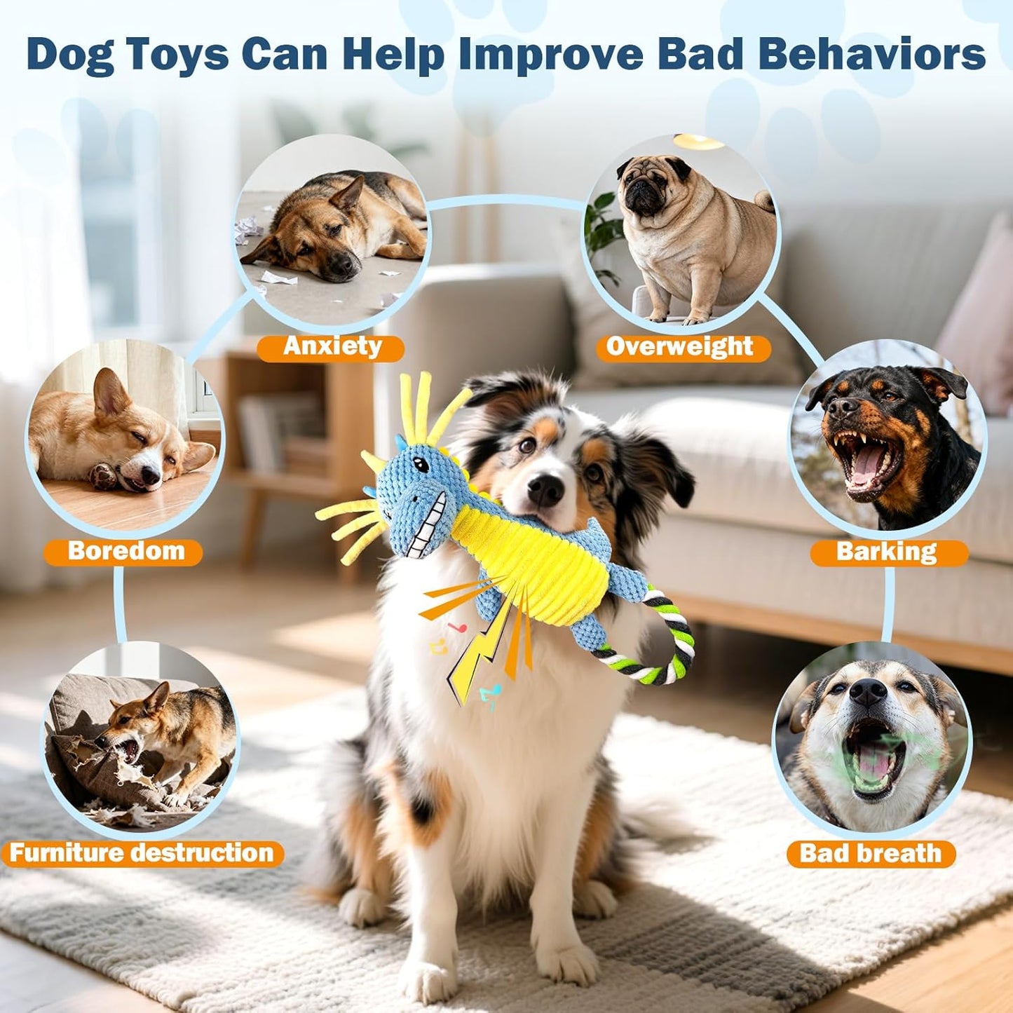 Squeaky Dog Toys for Large Dogs- Tough Squeaky Dog Toys to Keep Them Busy- Durable Plush Stuffed Chew Toy for Boredom, Tug of-War, for Small Medium Large Dogs (Blue)