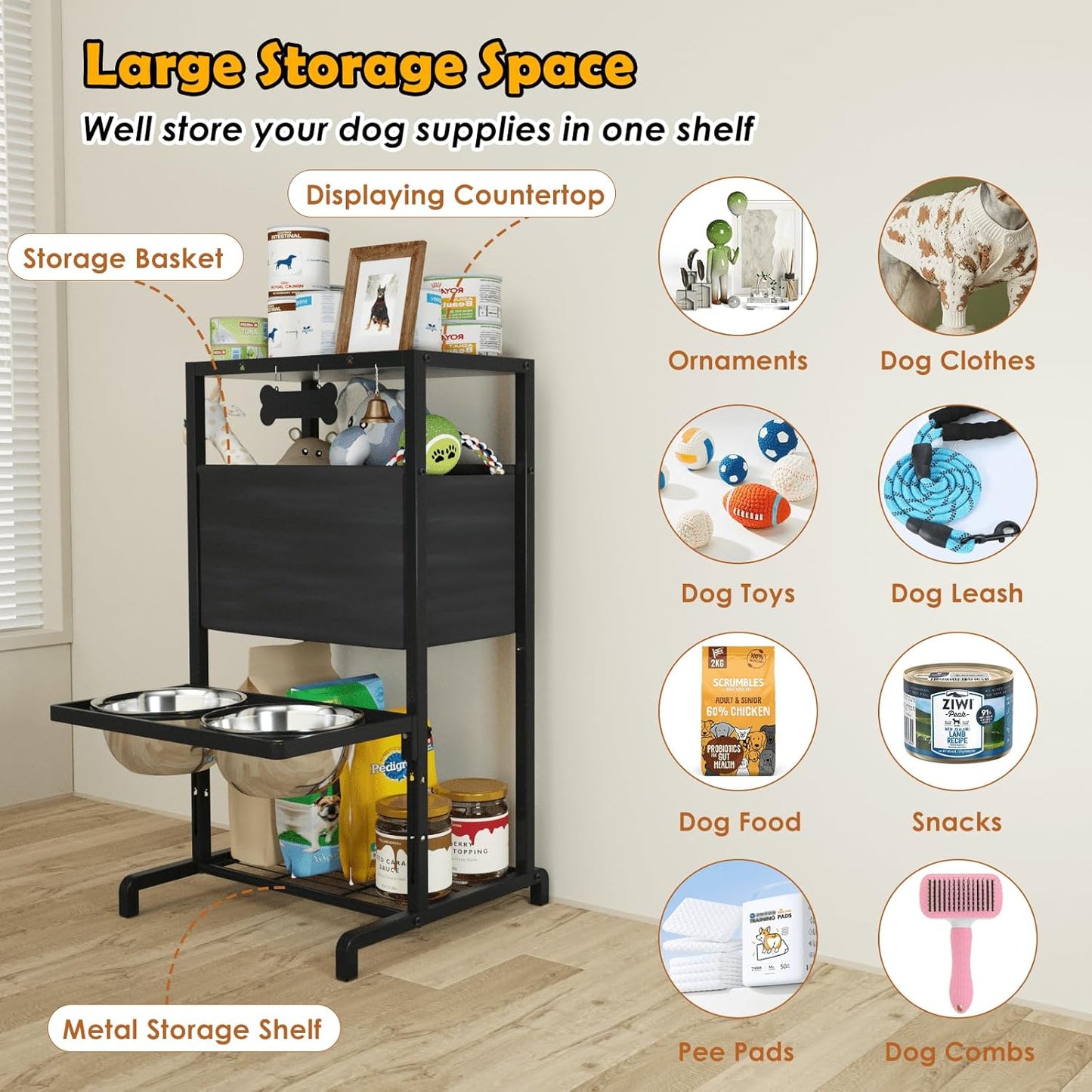 Elevated Dog Bowls, Height Adjustable Raised Dog Bowl Stand (3.5'' to 11''), Multifunctional Lifted Bowl Holder with Pet Food Organizer for Large Medium Small Dogs, Black