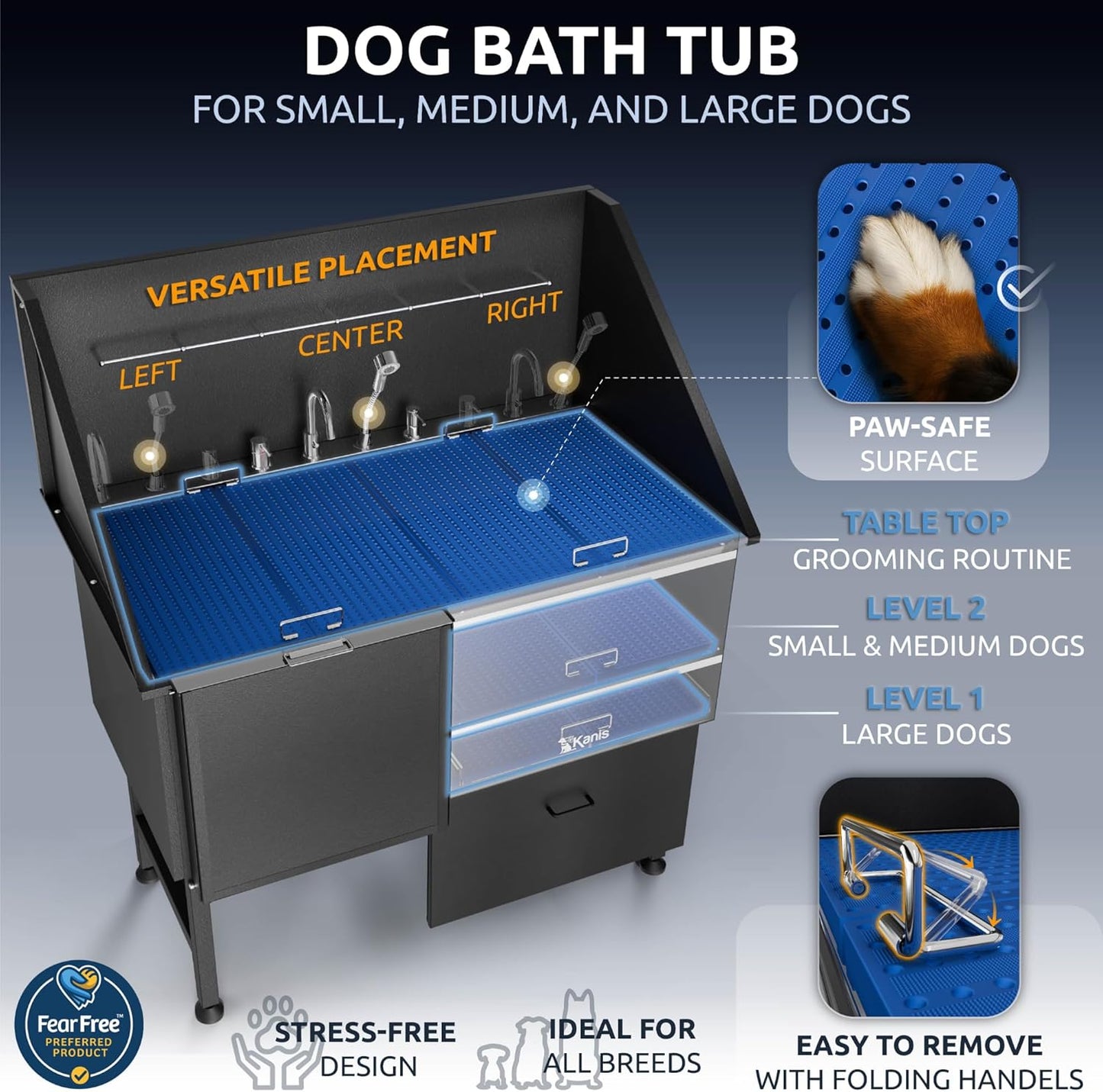 KANIS Black Line Professional Dog Washing Station - 304 Stainless Steel Pet Wash Sink & Grooming Bathtub w/Shower, Floor Grates and Storage for Large, Medium & Small Pets (50", 1 Drawer - Left Ramp)