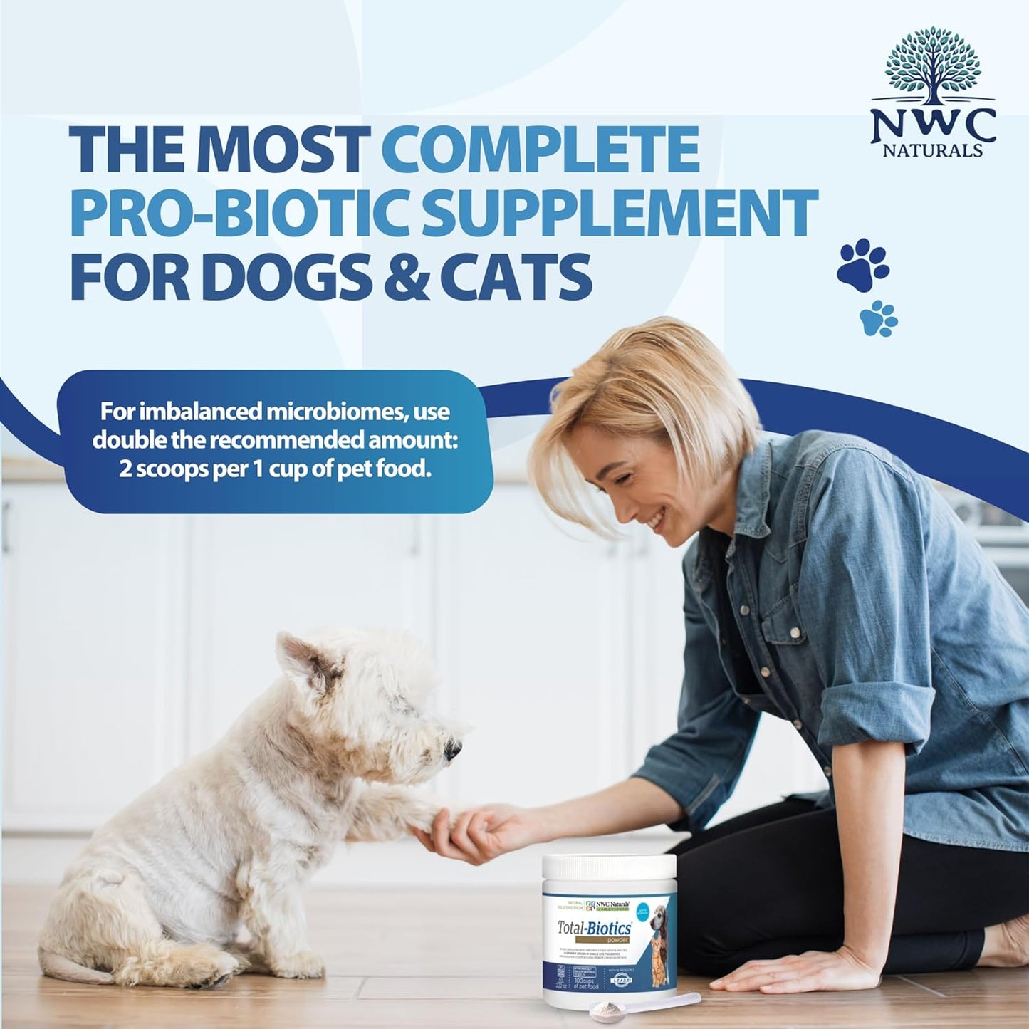 NWC Naturals Total-Biotics, Cat & Dog Probiotics for Digestive Health with Prebiotic, Unflavored Probiotic for Dogs & Cats, Supplement for Gut, Skin, Coat, Stomach Relief, 100 Servings, 2.22 Ounces