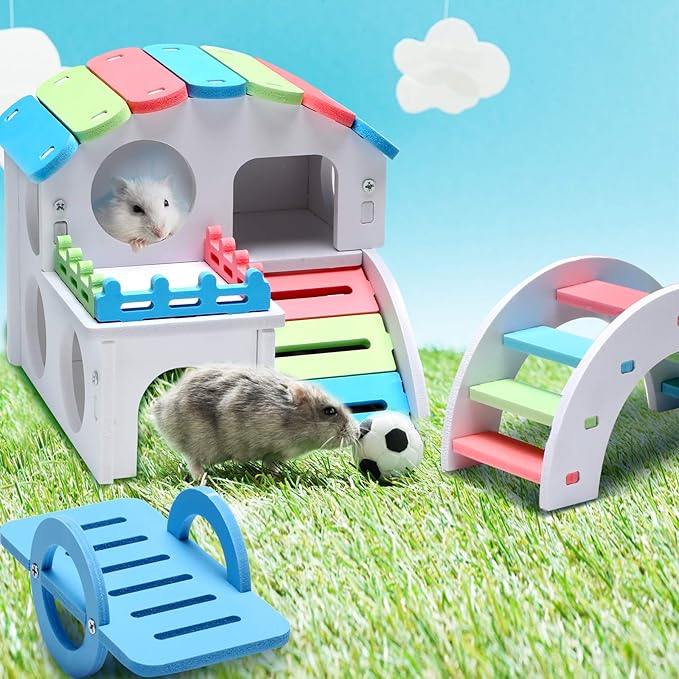3 Pieces Fun Hamster Toys Guinea Pig Hideout Include PVC Hamster House, Rainbow Bridge, Seesaw Toy DIY Exercise Play Toys for Rats Mouse Small Animals(Small,Rainbow Color)