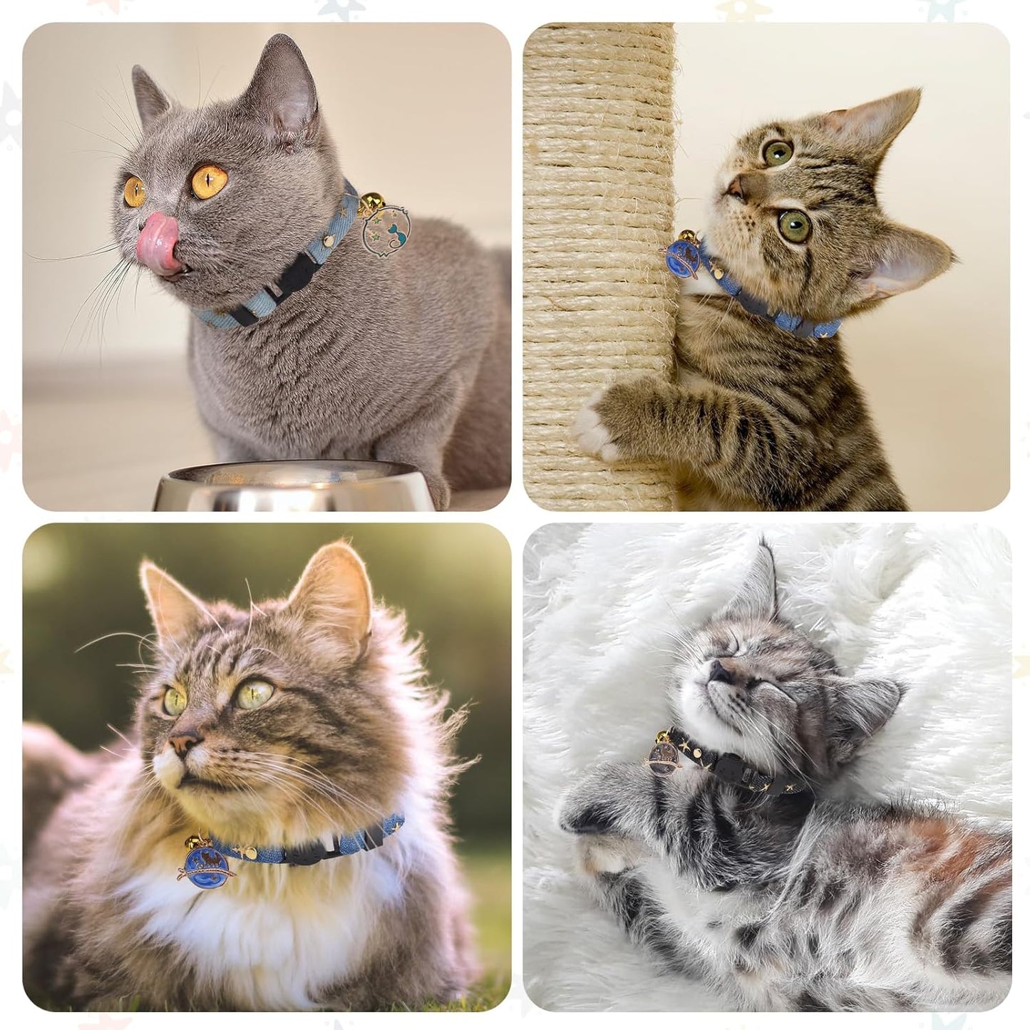 3 Pack Breakaway Cat Collars with Bell- Moon and Stars Pendant Cat Collar for Girl Boy Cats with Safety Buckle- Cute Kitten Collar Adjustable 8"-12" for Kitty Puppy Small Pets