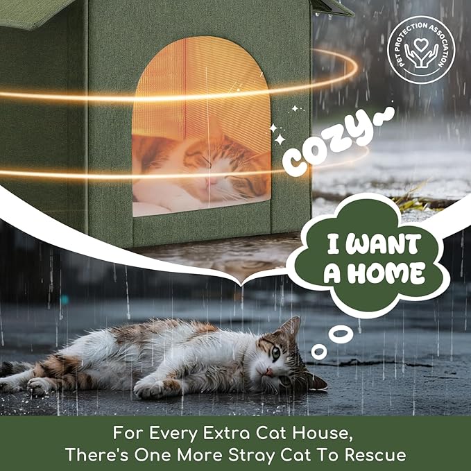 Insulated Outdoor Cat House Weatherproof, Winter Cat Houses for Outdoor Cats with Heated-Foil, Waterproof Feral Stray Cat Shelter with Warm Mat and Door Curtain, Easy to Assemble, Olive Green