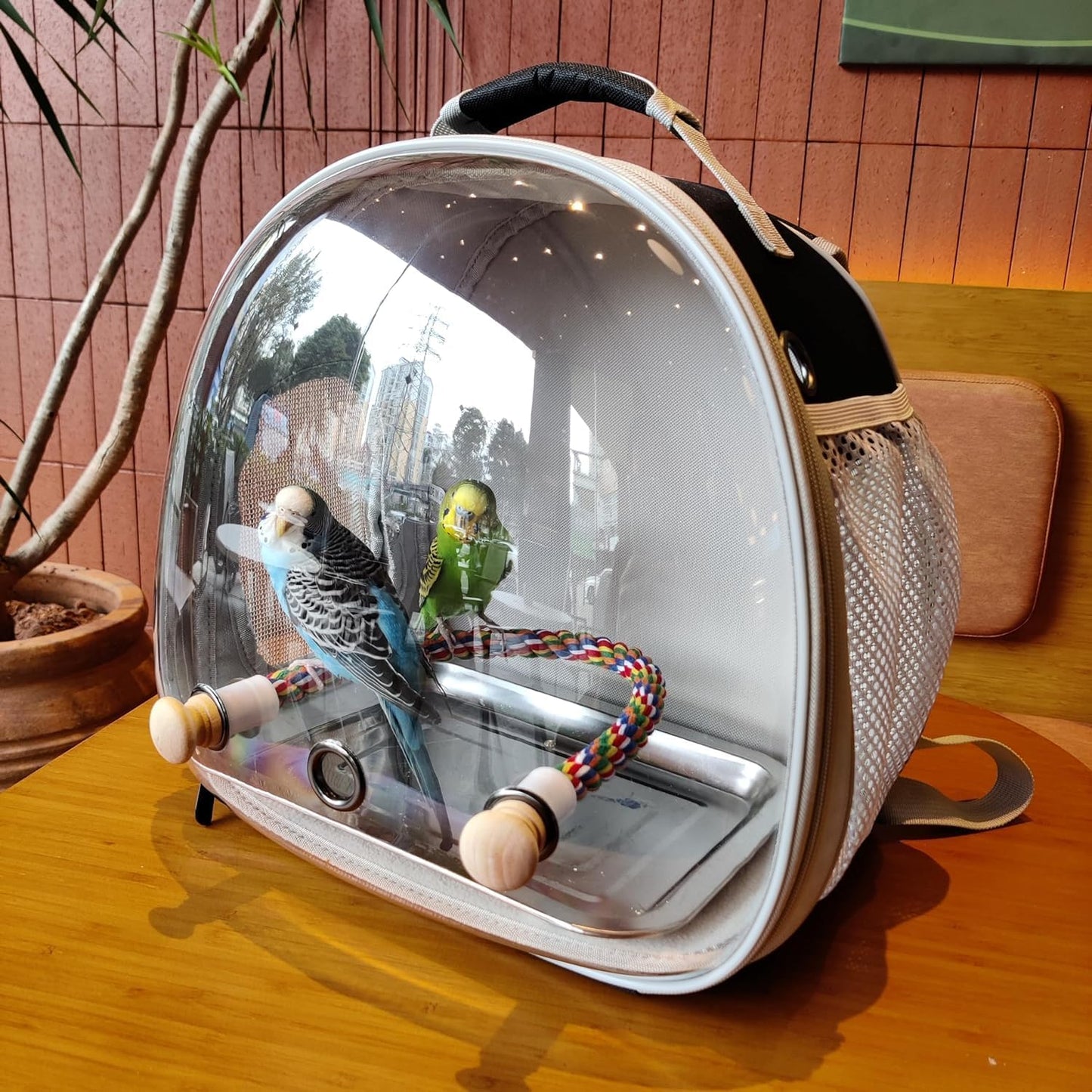 Bird Carrier Cage, Bird Travel Backpack Carrier with Metal Tray and Standing Perch, Tint Polarized Blue Space Capsule Astronaut Bubble Hard Window