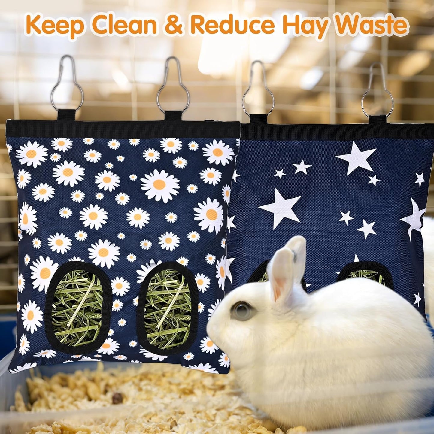 Upgraded Rabbits Hay Feeder Bag for Bunny, Guinea Pigs, Chinchillas - Hanging Washable 2-Hole Hay Dispenser with 600D Oxford Fabric, Small Animal Cage Accessories (Blue Star)