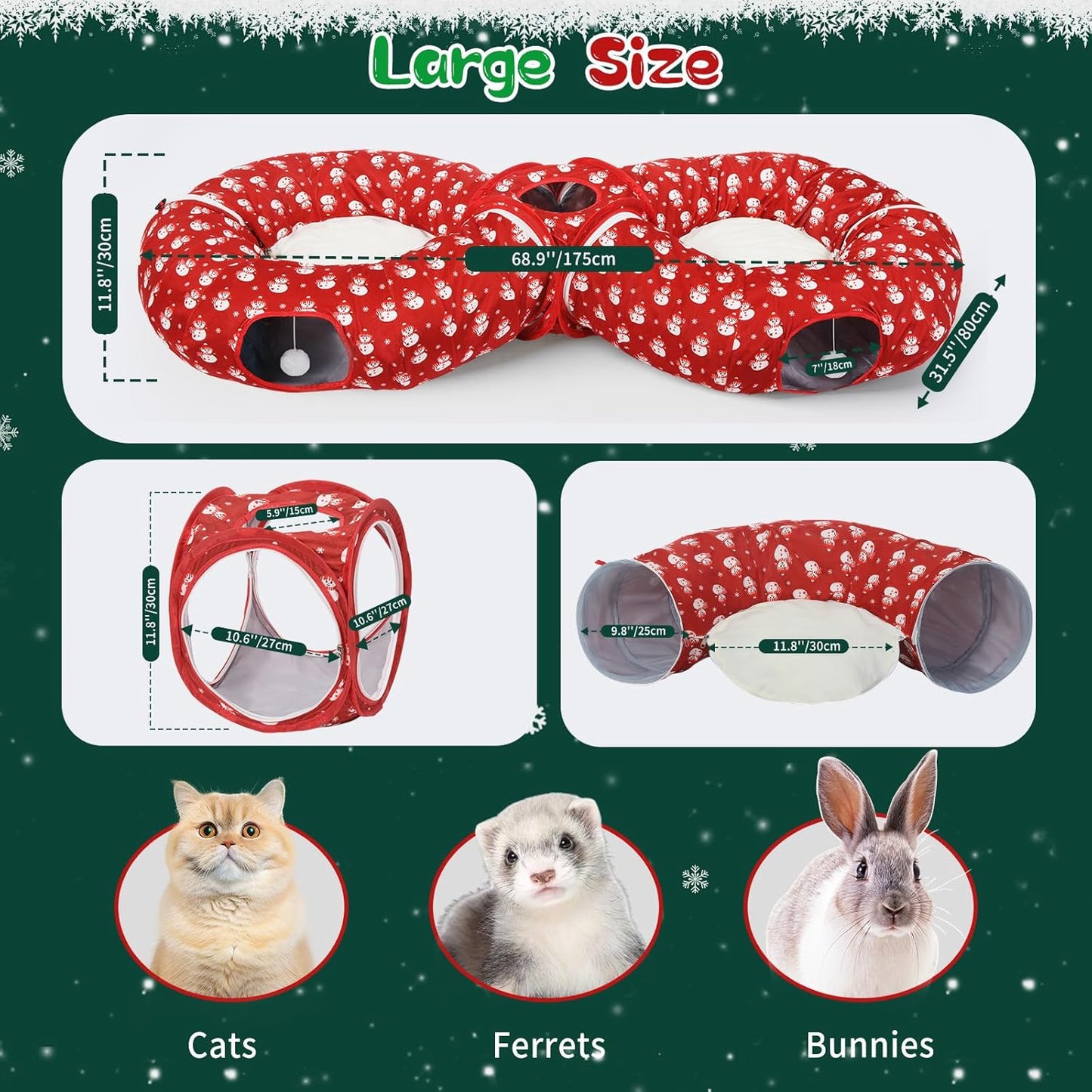 Pawaboo 2-in-1 Cat Tunnel Bed for Indoor Cats, 8-Shaped Large Cat Tunnels with Plush Cushions, Foldable Cats Cave Hideout Kitty Toys with Fluffy Balls, Donut Tunnel for Kitten Rabbit Ferret, Red